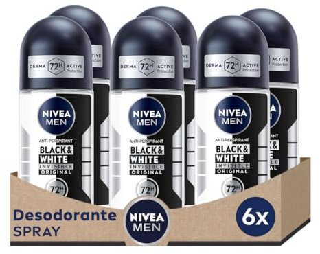 NIVEA MEN Black & White Invisible Original Roll-on pack de 6 (6 x 50 ml), desodorante antimanchas de cuidado masculino