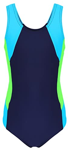 Aquarti Mädchen Badeanzug mit Ringerrücken – Sport Badeanzug Mädchen, Chlorresistent, Farbe: Dunkelblau/Neongrün/Hellblau, Größe: 134