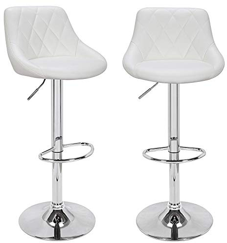 BAKAJI Set 2 Sgabelli da Bar Cucina Seduta e Schienale in Ecopelle Similpelle Base in Metallo Cromato con Poggiapiedi Sgabello Design Moderno Girevole con Altezza Regolabile (Bianco)