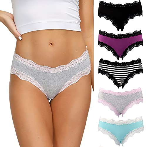 COMSOFT Ropa Interior de algodón Bragas para Mujer Calzoncillos Tipo Hipster de Encaje Suave Paquete múltiple (Multicolor F, L)