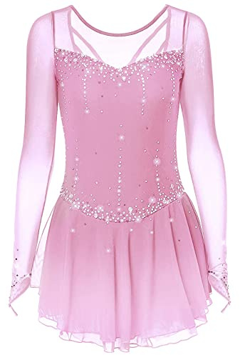 Figure Skating Dress Women's Girls' Ice Skating Dress Spandex Training Professional Skating Wear Handmade Long Sleeve,Pink,S
