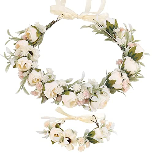 Blumenkranz Blume Krone Stirnband, Rose Braut Haarschmuck mit Armband-Set, GuKKK Blumenstirnband Verstellbarer Gürtel, Haarbänder Floral Girlande, für Damen Hochzeit Zeremonie Festival Party Strand
