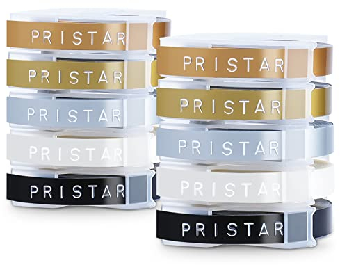 Pristar Kompatibel Prägeband mit 3D Kunststoff 9mm x 3m für Omega Junior E101 E303 Etikettenprägegerät Vinyl-Prägeetiketten, Weiß auf Schwarz/Transparen/Gold/Silber/Champagnergold