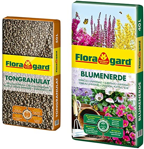Floragard Blähton Tongranulat zur Drainage - Hydrokultursubstrat - für Pflanzkästen, Kübel oder Töpfe - 50 L & Floragard Blumenerde, 40 Liter