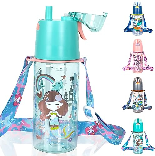PinkSheep Kids Misting Water Bottle with Straw/Lanyard for School Girls, 20oz BPA Free Child Drinking Water Bottle 2-in-1 Mist And Sip Function Leak-Proof for School Sport Travel (Mermaid)