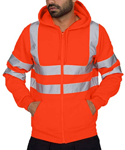 Herren Warnjacke Winterjacke Warnschutzjacke Arbeitsjacke Klassische Kontrast Warnschutz-Regenjacke Sicherheitsjacke mit reflektierenden Streifen, Warnschutzjacke mit Kapuze Orange L