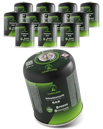 Camplora 12x 450g Cartuchos de gas compatibles con Weber Gasgrill Q100/1000-Serie, gas propano y butano, cartucho de rosca para cocinas de camping, cartuchos de gas con válvula de rosca, botellas de