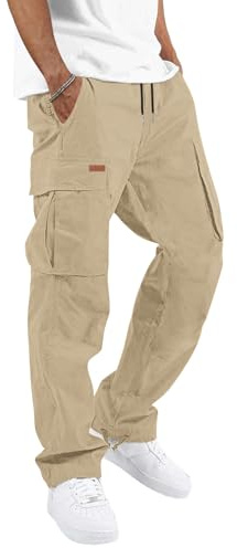 TARAINYA Pantalones Cargo Hombre de Algodón Elástico con Cordón Ajustable y Múltiples Bolsillos Caqui Claro L