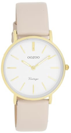 Oozoo Vintage Damen Uhr in beige/weiß| Armbanduhr Herren mit Lederarmband | Schöne Uhr für Männer | Edle Analog Damenuhr (32mm Gehäuse) in rund C20393