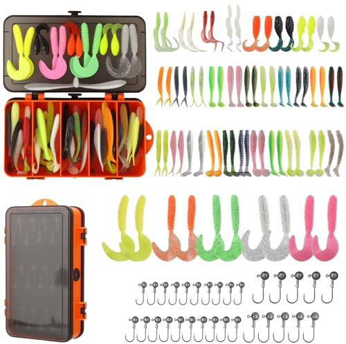 Paddle Tail Swim baits Ball Jig Heads Soft Plastic swimbaitspaddle Tail swimbaits Fishing Jigs Ball Heads 60-100pcs Soft Multi-Color Worms and Paddle Tails for Soft Plastic Lures