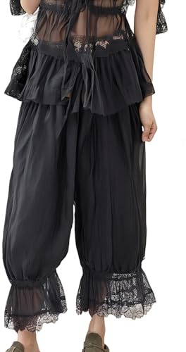 TUWIXIUW Pantalon Court en Dentelle pour Femme - Pantalons évasés avec Bordure en Dentelle - Pantalons Capri Vintage, Noir Mignon, Taille L