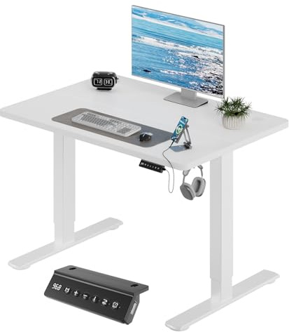JUMMICO Scrivania Regolabile in Altezza, 100 x 60 cm, Bianco | con Caricatore USB, 4 Altezze di Memoria, Peso Massimo 70 kg, Avviso Di Pausa Per Sedentarietà