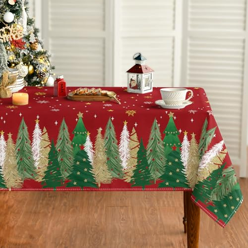 Artoid Mode Tovaglia natalizia rossa con fiocchi di neve, alberi, stelle, 140 x 110 cm, protezione invernale antimacchia, biancheria da tavola, decorazione per feste