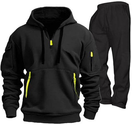 Y2K Y2K - Tuta sportiva da uomo, con tasche, set da 2 pezzi, felpa con cappuccio e pantaloni della tuta a gamba dritta, stile outdoor per atletica, stile streetwear Y2K, Nero , L