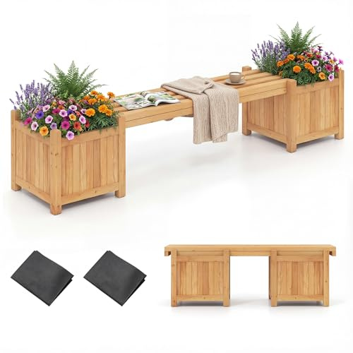 COSTWAY Jardinières d'Extérieur avec Banc 169 x 35 x 35 cm, Bac à Fleurs en Bois Massif Finition Huile de Teck Base Ouverte, Lit de Jardin Surélevé pour Pots de Fleurs, Patio, Cour, Porche (Naturel)