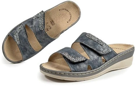 JOMIX Pantofole Donna Estive con Strappo Regolabile Ciabatte Anatomiche Ergonomiche con Plantare Estraibile Pelle SandaliZeppa Comodi per Signora Matura e Anziana Blu 37