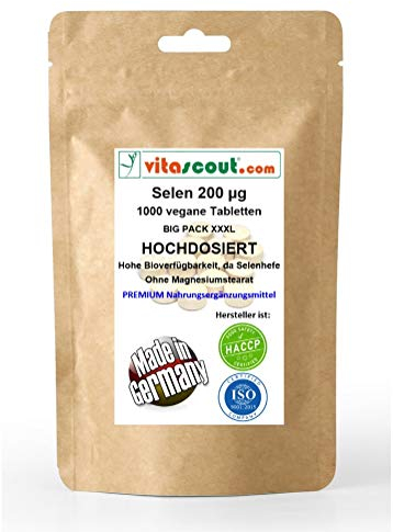 Selen 200 mcg/µg - 1000 Tabletten - OHNE MAGNESIUMSTEARAT - MADE IN GERMANY - vegan aus Selenhefe