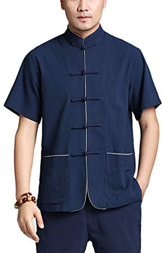 Tang Traje Hombres Tradicional Chino Ropa Trajes Hanfu Algodón Camisa de Manga Corta Abrigo De los Hombres Tops Kung Fu Tai Chi