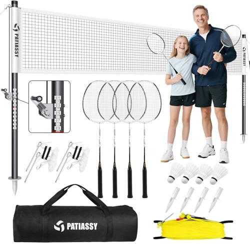 Patiassy Professional Badminton Set with Carbon Aluminum Badminton Rackets Set of 4, Outdoor Portable Badminton Net with Winch System, 4 Nylon Badminton Shuttlecocks and Bag