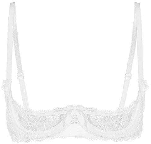 Mufeng Sujetador Abierto para Mujer Ropa Interior de Encaje Transparente Sexy Erótico Traje de Dormir con Tirantes Finos para Noche Esepcial Blanco B S