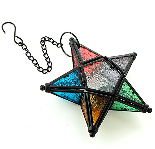 Sziqiqi Glass Star Tealight Lantern, Hanging Star Candle Holder, Colorful