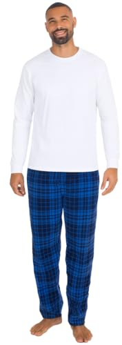 Style It Up Conjunto de pijama de manga larga para hombre con parte superior a cuadros, de franela de algodón cepillado, cuello redondo, cálido, acogedor, súper suave, para adultos, Blanco y azul