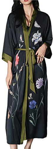 Kimono long en satin pour femme - Imprimé floral - Robe de chambre en soie, Noir/fleur rose, taille unique