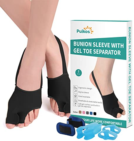 Puikos Hallux Valgus Zehenspreizer Zehen Separator Set, 1 Paar Hallux Valgus Socken Bunion Corrector, 1 Stück Big Toe Strap und 2 Stück Zehenspreizer für Damen Herren (2 Zehen/Groß, Schwarz)