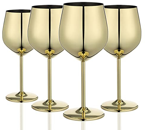 WOTOR Gold Weingläser 4er Set, 540ml Edelstahl Weingläser, Robust & Unzerbrechlich Kelche,Passend Für Outdoor, Camping, Pool, Reisen