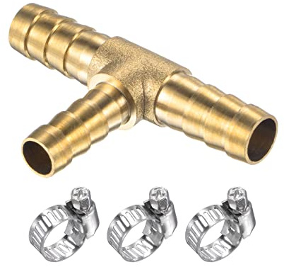 M METERXITY 1 Set Brass Hose Barb Fittings - 5/16 x 5/16 x 1/4 OD Brass Pipe Connector with Hose Clamps Apply to Water Fuel (T Shaped 3 Way)