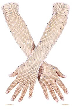 Yurosiay Långa näthandskar för kvinnor, strass, handskar, näthandskar, fisknät, handskar med glänsande strass, modehandskar, opera, glitter, partyhandskar för temafest, bar, svart