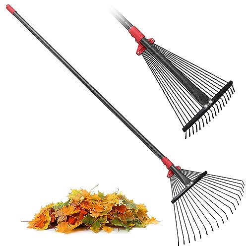 Garden Leaf Rakes for Lawns Heavy Duty, 23-41 cm Adjustable Rake Head, 82-154 cm Adjustable Long Handle, Metal Rake Tool for Gardening Camping Clear Collect Leaves Debris, 18 Anti-Rust Metal Tines