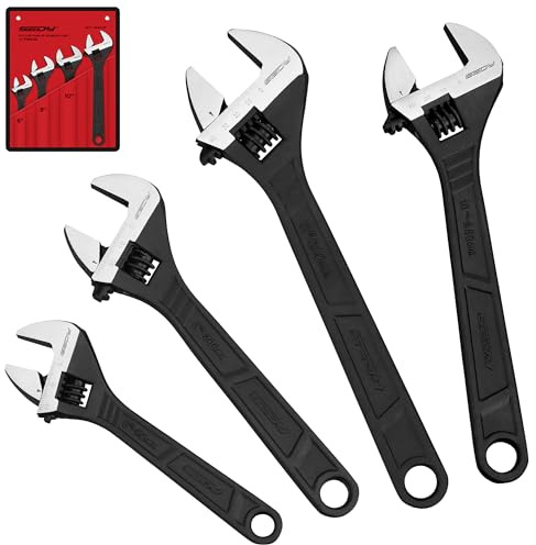 Adjustable Wrench Set Wrenches Sets: 4-Piece 6, 8, 10, 12 Inch Chrome Vanadium Steel Corrosion-Resistant Black Oxide Finish for Automotive Plumbing and Household Repairs