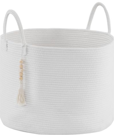 YOUDENOVA Cesto portabiancheria intrecciato grande da 65 l, per soggiorno, camera dei bambini, 50 x 33 cm, bianco