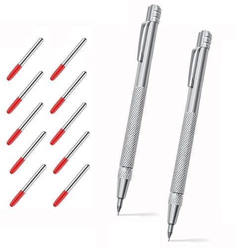 Bamyli 2 Stück Anreißwerkzeug Anreißnadel Reißnadel Wolframcarbid Stift, Anreißnadel Hartmetall mit Magnet für Glas/Metallblech Reißnadel Diamant für Keramik mit 10 Ersatz Red Hat Markierspitzen