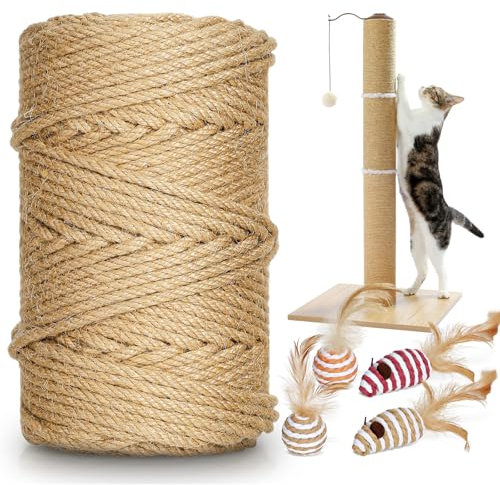 262 ft/80 m Sisal Rope for Cat Scratcher, 1/4 inch/ 6 mm Thick Twine for Cat Scratching Post Cat Tree Replacements DIY Craft Projects, Jute Hemp Rope with 4 Random Colors Cat Toys
