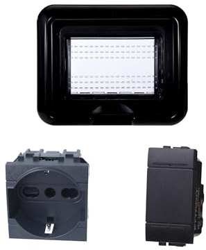 Kit Placca Scatola 503 Premontato IP55, 3 Moduli Presa Schuko 10/16A + Interruttore, Compatibile Con Bticino Living, Colore Nero, Placca Stagna Idrobox Incasso Da Esterno