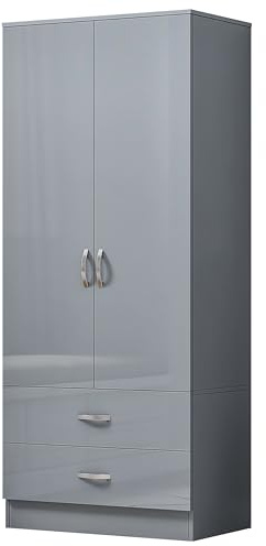Nera Gloss 2 Door Wardrobe with Drawers 76cm Wide Wardrobe for Bedroom Shelves and Hanging Rail Soft Close Hinges Storage Cabinet (Grey Gloss (Matt Grey))