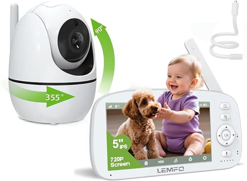 LEMFO Baby Monitor with Camera and Night Vision,5.0 IPS Screen with 30 Hours Battery,1000ft Range Baby Monitor No Wifi,2-Way Talk, Lullaby, Temperature Monitoring Suitable for Baby Rooms/Crib