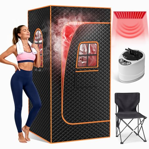 Portable Infrared Sauna for 1 Person - Home Personal Sauna Box with 3L 1000W Steamer for Detox, Relaxation & Stress Relief - Indoor Sauna Tent with Remote Control, Folding Chair