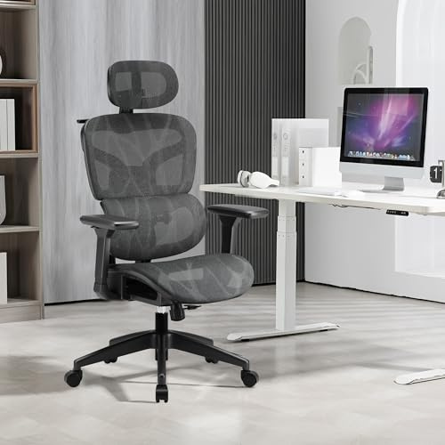 EOXCIIU Office Chair, Ergonomic Desk Chair with Adjustable Lumbar Support and Headrest, Reclining Adjustment, High-Back Chair for Home Offices, Studios, and Computer Use (Black)