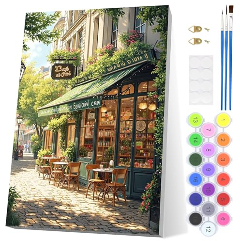 EOBROMD Pintar por Numeros Adultos, Cafetería Calle Pintura por Numeros con Marco, Paisajes Kit de Pintura al óleo de Lienzo DIY para con Pinceles, Pigmento Acrílico, Decoración para el Hogar 20x30cm