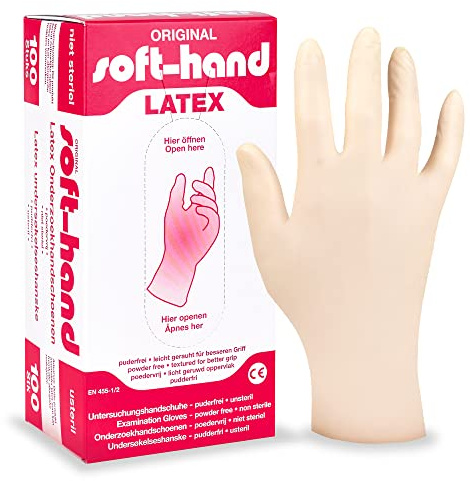 Servoprax Soft-Hand Untersuchungshandschuhe – Einweg-Handschuhe aus Latex, angerauhte Oberfläche und kräftige Qualität, ideal bei empfindlicher Haut – 100 Stück (M)