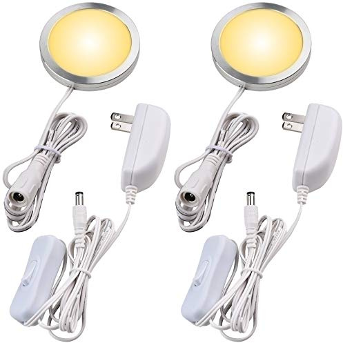 Lvyinyin Single LED Kitchen Under Cabinet Puck Light, 120V Direct Wall Plug in Closet Cupboard Night Light, Easy to Mount, Inline On Off Switch, White Wires, 2 Packs, Warm White