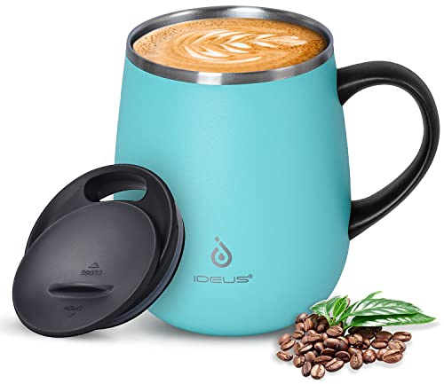 Ideus Coffee Mug 470ml (16oz), Double Wall Vacuum Insulated Stainless Steel Coffee & Tea Cup w/Non-Slip Handle & Slider Module Lid & Large Volume (Light Blue)