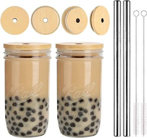 Paquete de 2 tazas de té de burbujas de vidrio de 24 onzas (730 ml), reutilizables de boca ancha, botella de vidrio de viaje para café helado, jugos de perlas grandes