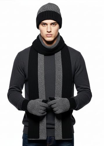 Itzu Men's Scarf Beanie Hat Gloves Set Warm Winter Knit Touchscreen Thermal Fleece Marl Ribbed - Heather Grey/Black