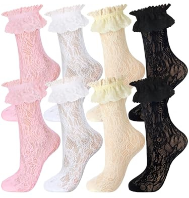 Bencailor Geyoga 4 Paia di Calzini con Volant in Pizzo Donna Accessori per Abiti (Nero, Bianco, Rosa, Giallo Chiaro)