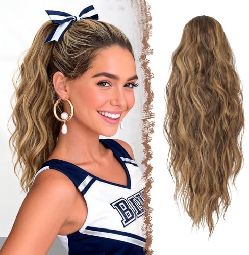 FESHFEN Coda Capelli Extension Ondulata, Lunga Coda di Cavallo Extension con Coulisse Ricci Posticci Sintetici Finta Capelli Biondo misto Castano Dorato Ponytail Extensions Per Donna, 45 cm