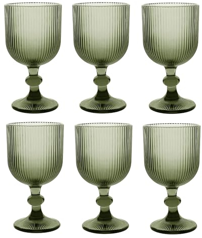 Lot de 6 verres à vin et verres à vin cannelés, ligne striée, verre à long drink, verres à cocktail avec gaufrage, verre à vin, verre à eau (verre à vin vert)